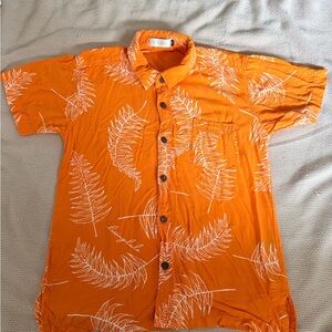 Bright Orange Leaf Print Kids Button Down Aloha Shirt